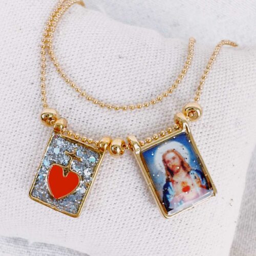 collier chaine billes scapulaire double à personnaliser - création Mademoiselle Oups