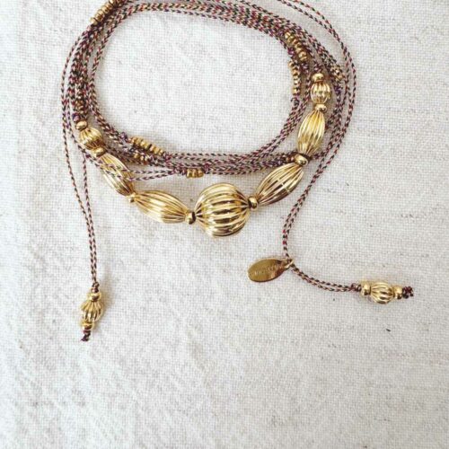 collier écharpe en cordon et perles striées dorées collection Portofino - fabrication française design Mademoiselle Oups