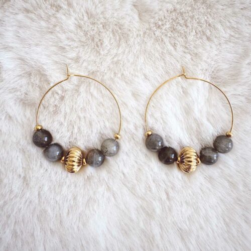 créoles dorées en perles rondes labradorite - Fabrication Design français Mademoiselle Oups