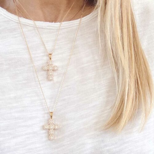 collier croix doree strass zircon pendentif lumineux layering fabrication française mademoiselle oups