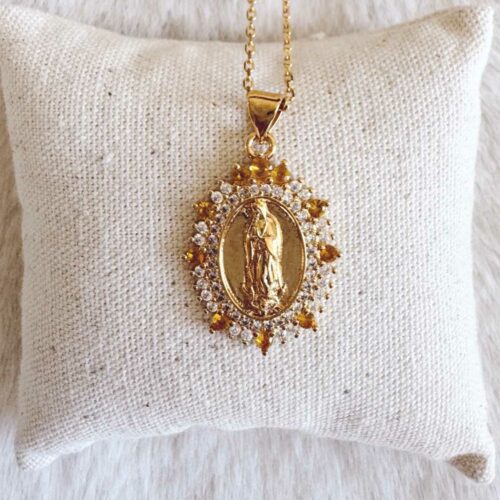 collier médaille icone sacree doree zircon pendentif madone lumineux mademoiselle oups