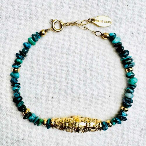 Bracelet APACHE en turquoise du Nevada et perle talisman dorée travaillée – collection Indian Summer Mademoiselle Oups