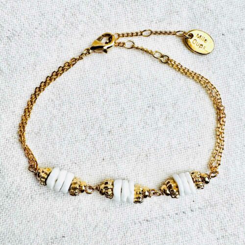 Bracelet SOLEDAD en perles de jade blanc et éléments dorés, assorti au collier chapelet SOLEDAD – collection Indian Summer Mademoiselle Oups
