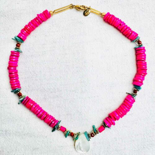 Collier JOSHUA en coquillage fuchsia, turquoise du Nevada et perles de jaspe – collection Indian Summer Mademoiselle Oups