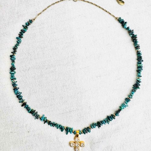 Collier TAOS en turquoise du Nevada avec pendentif croix dorée sertie de strass – collection Indian Summer Mademoiselle Oups