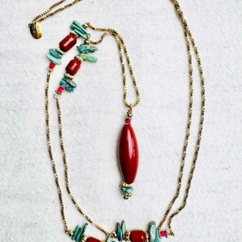 Sautoir SANTA FE en jaspe rouge d’Amérique et turquoise avec chaîne dorée – capsule Indian Summer Mademoiselle Oups