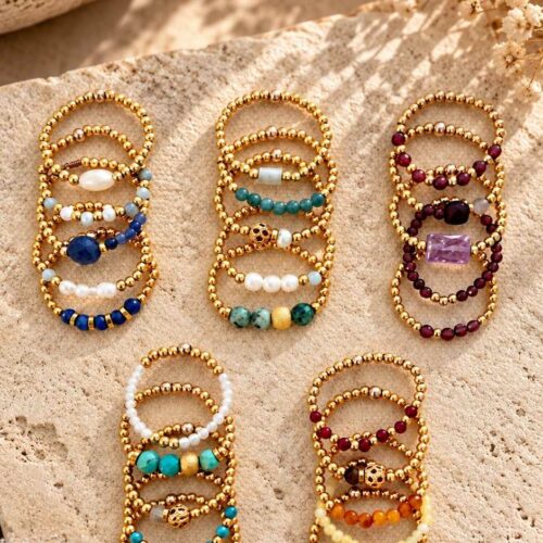 Lot de 5 bagues élastiques WILD en Gold Filled et pierres – MADEMOISELLE OUPS